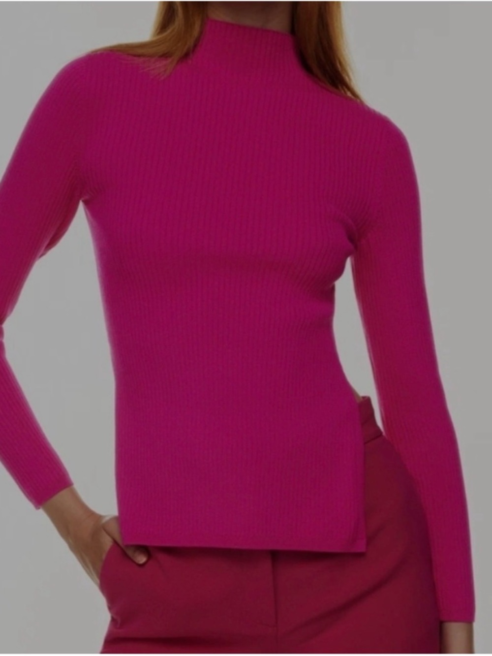 Aritzia Fitted Ribbed Mock Neck Sweater in Bright Magenta